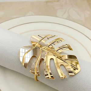 Anneau de serviette en forme de feuille dorée, décoration de table moderne en métal, accessoire de table durable pour mariage - Product Image 1