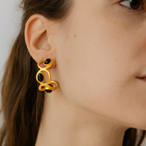 Elegant Natural <b>Black</b> Onyx Gemstone Handmade <b>Gold</b>-Plated Hoops Luxury Artisan Designer Statement Studs <b>Earring</b> Fashion Wholesale - Product Image 2