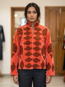 <b>Womens</b> Orange <b>Velvet</b> Embroidered <b>Jacket</b> with Geometric Floral Pattern Stand Collar Long Sleeve - Product Image 3