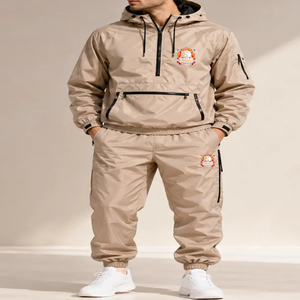 Ensemble de survêtement unisexe beige coupe-vent respirant en nylon, veste à capuche zippée et pantalon, couleur unie décontractée, manches longues, pour l'été - Product Image 1