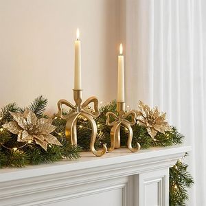 Gold Bow Taper Candle Holders Set of 2 Vintage <b>Cast</b> Iron Heavy Duty Candlestick Holders For Christmas Decoration - Product Image 3