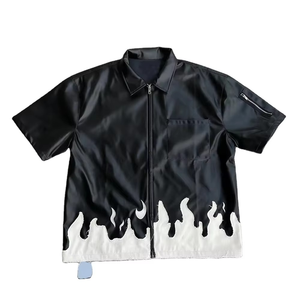 Men’s Flame Print Faux Leather Shirt <b>Zip</b> <b>Up</b> Short Sleeve PU Streetwear Black <b>White</b> Graphic Casual Jacket Shirt - Product Image 1