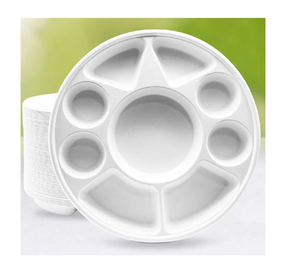 Assiette jetable à 9 compartiments en bagasse, plateau rond divisé, écologique, en canne à sucre, pour traiteur et repas festifs - Product Image 5