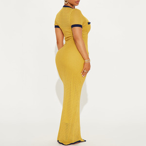 Suéter de Punto Ecológico con Botones Sólidos Vintage para Mujer, Vestido Maxi de Punto de Manga Corta Amarillo con Contraste Negro para Otoño - Product Image 2