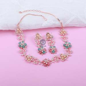 Pihu Pastel Color Designer Gold Plated Zircon Bridal Necklace and Earring Set - Product Image 1