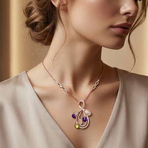Élégante breloque en forme de branche de fleur en or rose, pierres précieuses en forme de goutte d'eau violettes et jaunes avec pavé de cristaux, bijoux raffinés pour femmes - Product Image 1