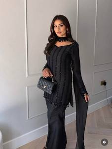 Ensemble indien pakistanais noir orné pour femme, costume formel Kurta Palazzo en soie tricotée, fabrication sur mesure OEM - Product Image 2
