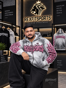 REXFITSPORTS 2026 Sweat à capuche gris personnalisé entièrement zippé, motif graffiti, streetwear, en molleton, imprimé rose, vente en gros - Product Image 4