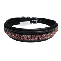 Collier de chien en cuir indien avec boucle en laiton argenté confortable en cristal de diamant rose.