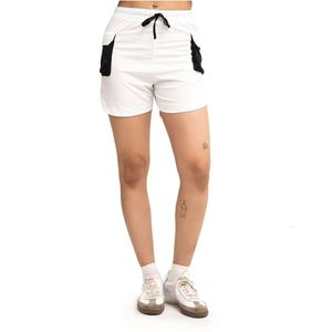 Shorts de sport blancs pour femmes avec empiècements latéraux noirs, taille à cordon de serrage, légers, pour la course et l'entraînement - Product Image 1