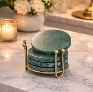 Natural White <b>Marble</b> <b>Coasters</b> Set Brass Holder Modern Stone Mats Non Slip Design Eco-Friendly Handmade 10mm Thick 100mm Diameter - Product Image 3