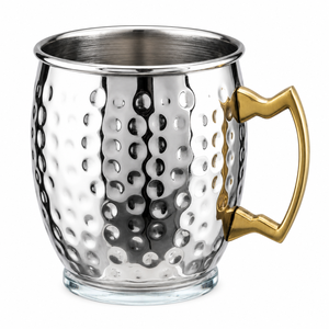 Vaso de Acero Inoxidable al por Mayor con Acabado Martillado, Vaso para Cerveza con Asa de Latón Dorado, Vaso de Metal Personalizado con Logotipo para Beber Cócteles - Product Image 1
