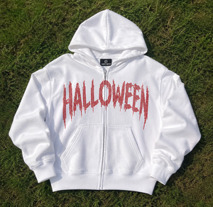Sudaderas con capucha blancas personalizadas al por mayor para hombre, estilo oversize, gruesas, estilo streetwear, con logo gráfico rojo impreso. - Product Image 6