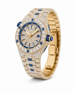 Luxury Yellow Gold <b>Diamond</b> <b>Watch</b> With Blue Sapphire Accents Analog Men's Quartz Timepiece - Product Image 4
