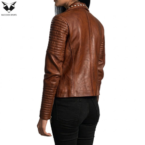 Custom Women's Vintage Ribbed Sleeves Slim Fit Design Distressed Brown Handmade Studded <b>Sheep</b> <b>Skin</b> Lightweight <b>Jackets</b> Wholesale - Product Image 5