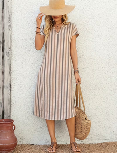 Striped Linen Cotton Midi Dress O-Neck Short Sleeve Loose Fit Casual Summer Dress Breathable Woven Fabric - Product Image 3