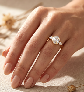 Wholesale DEF Color VS VVS Clarity 10K 14K 18K Solid Gold IGI Certified <b>Hexagon</b> Lab Grown Diamond Three Stone Ring Wedding Band - Product Image 6