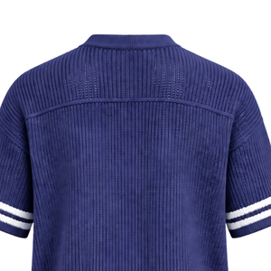 T-shirt de sport rayé à col en V en jersey tricoté sur mesure bleu indigo, respirant, coupe oversize, décontracté, pour équipe sportive - Product Image 4