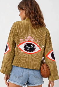 Chaqueta de Mujer de Terciopelo Verde Oliva Hecha a Mano con Parches de Ojo Turco y Bordado Dorado Estriado, Transpirable y Ecológica Acolchada - Product Image 2