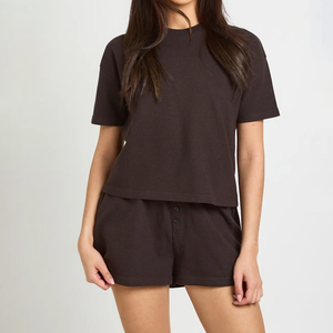 Women Daily Wear O- Neck Thermal T Shirt Shorts <b>Set</b> Two-Piece Waffle <b>Knit</b> <b>Set</b> Women Lounge Wear <b>Set</b> - Product Image 4