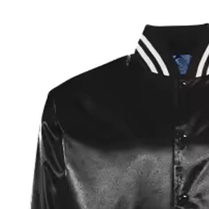 Veste en satin noir pour homme avec col, poignets et ourlet à rayures blanches Coupe régulière Style décontracté Polyester Vêtements de rue OEM - Product Image 3