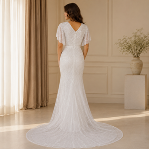 Women's White <b>Sequin</b> Maxi Dress V Neck Embellished Evening Gown Elegant Flutter Sleeve Formal Party Wedding Occasion Flowy Long - Product Image 3