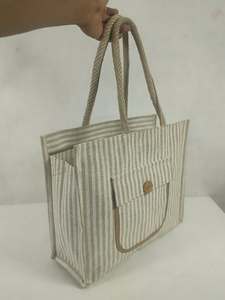 Natural Striped Jute <b>Tote</b> <b>Bag</b> with Front Pocket <b>Zipper</b> Closure Wedding Reusable Eco-Friendly Shopping <b>Bag</b> with Long Rope Handles - Product Image 2