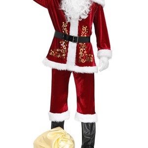 Costume de Père Noël pour homme en tissu doux, velours rouge avec broderie dorée, qualité supérieure abordable, facile à porter. - Product Image 2