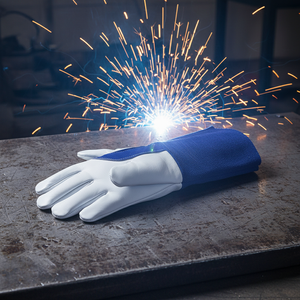 Guantes de Soldadura de Cuero Blancos y Azules con Puño Tipo Guanteleta, Resistentes a Salpicaduras de Metal Fundido y con Soporte para el Pulgar, Resistentes al Trabajo Pesado - Product Image 6