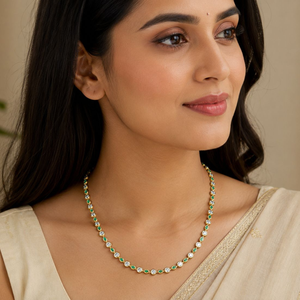 Classic Gold <b>Necklace</b> With Round Brilliant Cut Diamonds And Emeralds For Women's Wedding Wear - Product Image 2