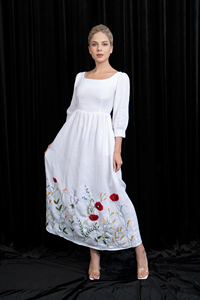 Hand-Embroidered White Linen Maxi Dress Square Neckline <b>Three</b>-Quarter Sleeves Artisanal Floral Crewel Work Gown - Product Image 4