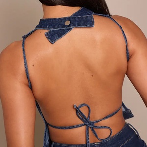 Débardeur court en jean sans manches pour femme, couleur unie, col montant, ajusté, style décontracté printemps, délavé, dos nu - Product Image 4