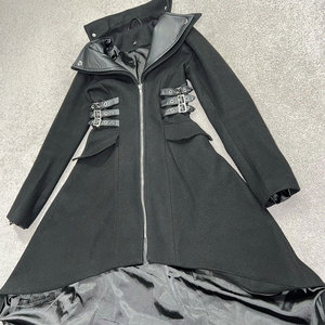 Gothic Goth Coat Womens XS Black Long Winter Coat Full Zip Decorative Buckles <b>Extended</b> High-Low Back Hot Sell - Product Image 2