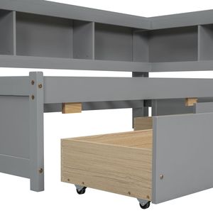 Letto a L in Legno per Letto Singolo con Libreria, Prese di Corrente e Porte USB, Due Cassetti, Colore Grigio - Product Image 5