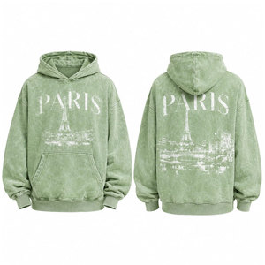 Sudadera con Capucha Estampada Paris, Unisex, Oversize, de Algodón Lavado, Felpa Francesa, Verde Otoño, Informal, con Bolsillo Delantero - Product Image 1