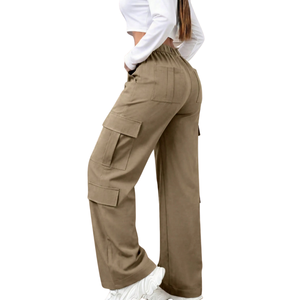Pantalones Cargo de Pierna Ancha para Mujer, Cintura Alta Elástica, Ajuste Holgado, Pierna Recta, Multibolsillos, Utilitarios, para Uso Casual y al Aire Libre - Product Image 3