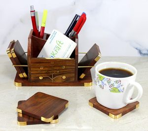 Handcrafted Wooden Desk Organizer with Brass Accents Multi Compartment Office <b>Stationery</b> <b>Holder</b> Pen Pencil Scissor Letter Note - Product Image 3