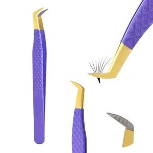 แหนบปลายไฟเบอร์สีทองม่วงสแตนเลสสตีลแบบมืออาชีพสำหรับต่อขนตาแบบแยกเส้นและเพิ่มวอลลุ่ม - Product Image 1