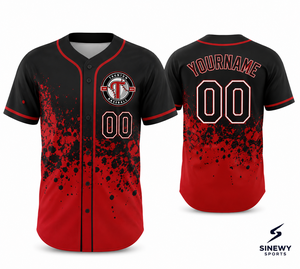 Maillot de baseball pour homme SINEWY SPORTS, personnalisable avec le nom et le numéro de l'équipe, sublimé, rouge et noir, respirant, manches courtes, coupe classique pour adulte - Product Image 1
