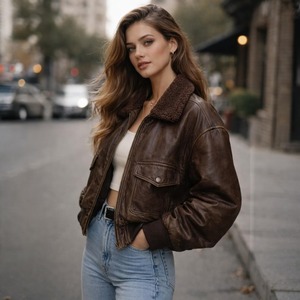 Chaqueta Bomber de Cuero Marrón Vintage Extra Grande para Mujer, Estilo Aviador Retro - Product Image 5