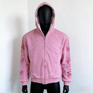 Custom Acid Washed Double Layer Heavyweight Boxy Distressed Embroidered <b>Flannel</b> <b>Jacket</b> Plaid Reversible Zip up Hoodie for Men - Product Image 5