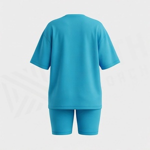 Conjunto Deportivo de 2 Piezas para Mujer, Camiseta de Manga Corta y Pantalones Cortos por Encima de la Rodilla, Color Sólido, Transpirable, Tejido de Punto, Cuello Redondo, Azul - Product Image 2