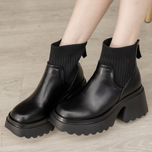 Bottines à plateforme noires pour femmes, 8,5 cm, tige en tricot côtelé, talon épais - Product Image 1