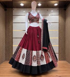 <b>Women</b> Traditional Indian Pakistani <b>Lehenga</b> Choli Set Red Black Cotton Floor Length Wedding Wear Hand Drawn Print Loose Fit - Product Image 1