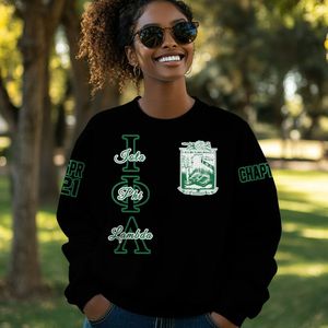 Sudadera Universitaria Personalizada Iota Phi Lambda, Negra y Verde Esmeralda, con el Escudo de la Hermandad Griega, Desde 1929, para Mujer - Product Image 1