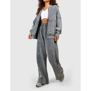 Cotton Blend Comfortable Everyday Clothing Acid Wash Tracksuits Lounge Fashion Custom Branding Jacket & Wide Leg <b>Trousers</b> Set - Product Image 4