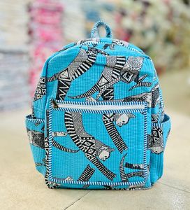 Blue Quilted Tote Backpack <b>Floral</b> Print Zipper Cotton Softback Large Capacity for School Travel - Product Image 1