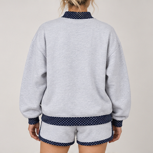 Ensemble short 2 pièces pour femme, gris chiné clair, avec bordure à pois contrastante, col montant, vêtements de sport décontractés personnalisés - Product Image 2