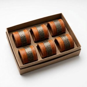 Juego de 6 Anillos para Servilletas de Latón Hechos a Mano - 4.5 cm, Diseño de Cuero Marrón Antiguo - Decoración para el Hogar - Product Image 2