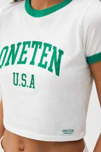 Women's <b>White</b> <b>Crop</b> <b>T</b>-<b>Shirt</b> Green Ringer Crew Neck Short Sleeve Casual 100% Cotton Breathable Summer Top - Product Image 4